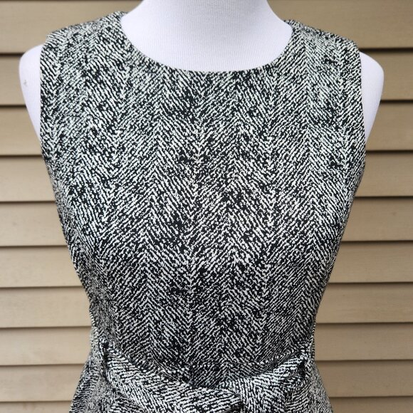 Calvin Klein Knit A-Line Dress Tweed Look Black White Sleeveless Tie Waist - Picture 4 of 16